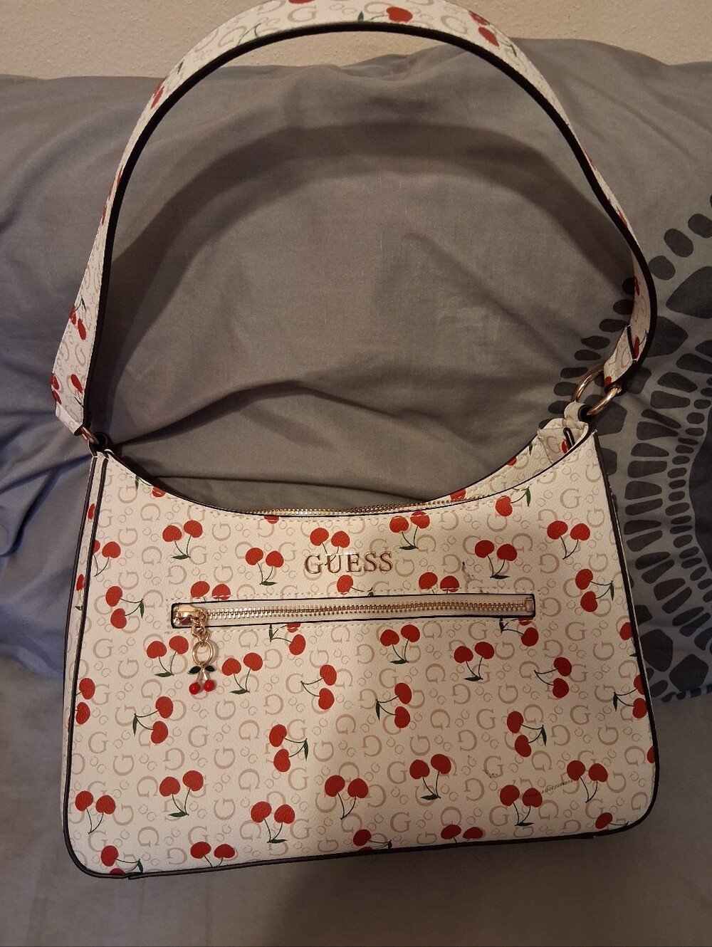 GUESS White Shoulder Bag with Red Cherry Print